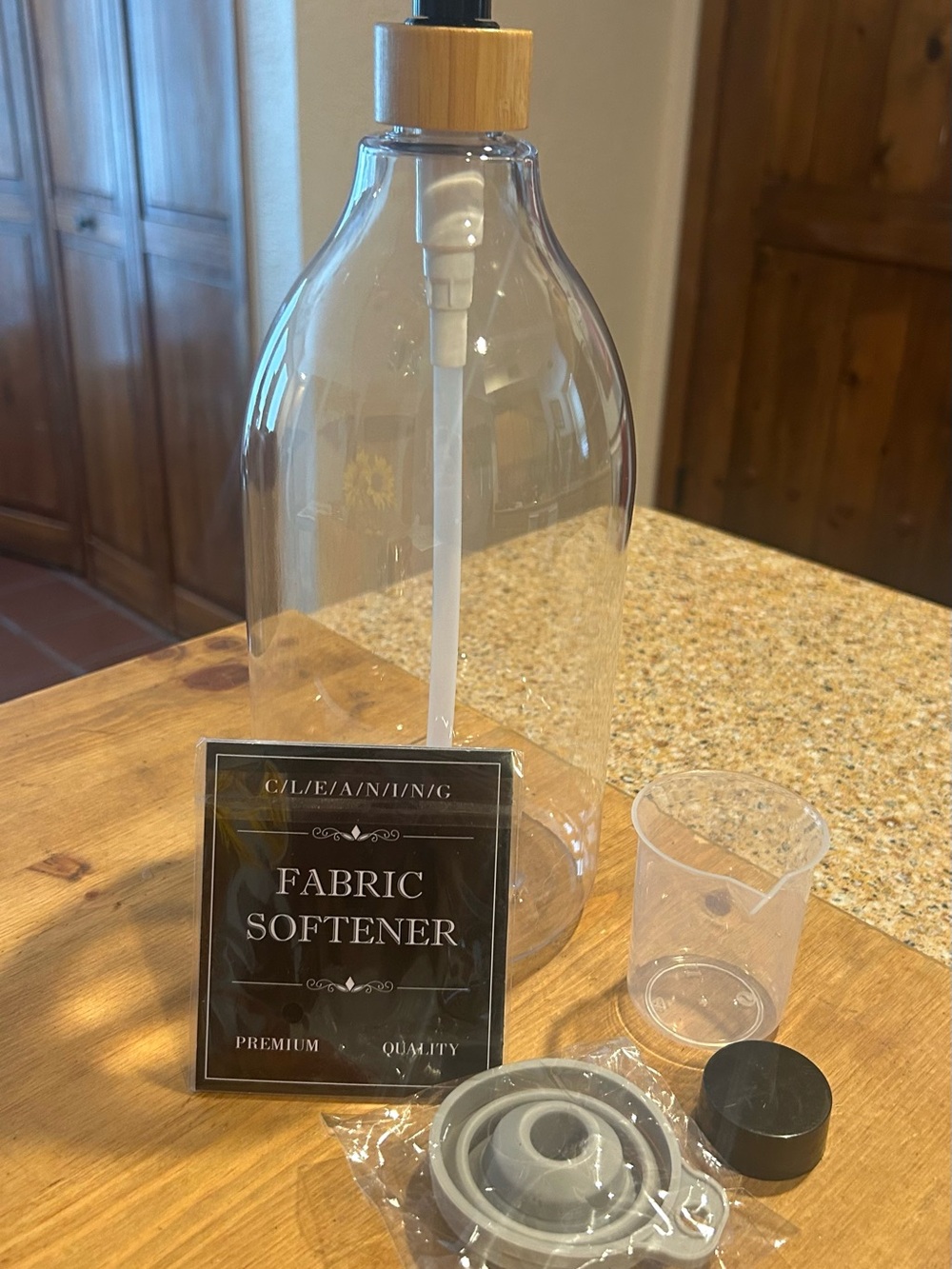 Plastic Detergent or Fabric Softener Dispenser Bottle with Bamboo Pump - Clear